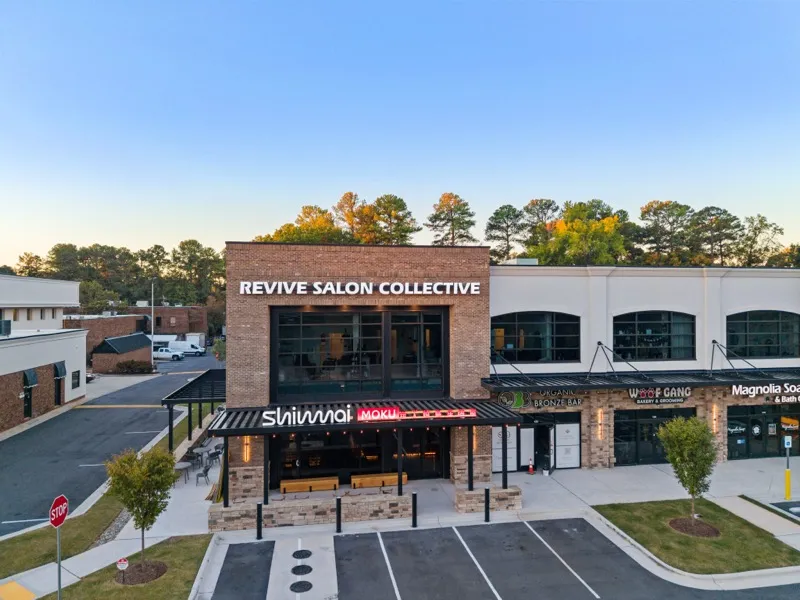 Aerial view of the Revive Salon Collective building in North Raleigh